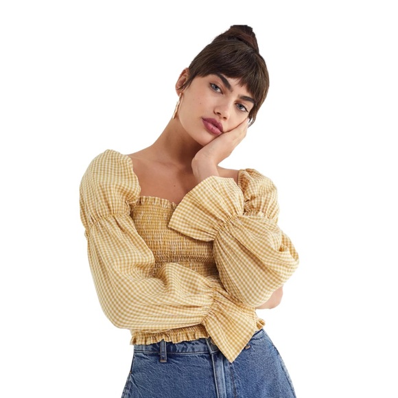 Urban Outfitters Tops - URBAN OUTFITTERS GOLDEN YELLOW AND WHITE SMOCKED GINGHAM LONG SLEEVE TOP